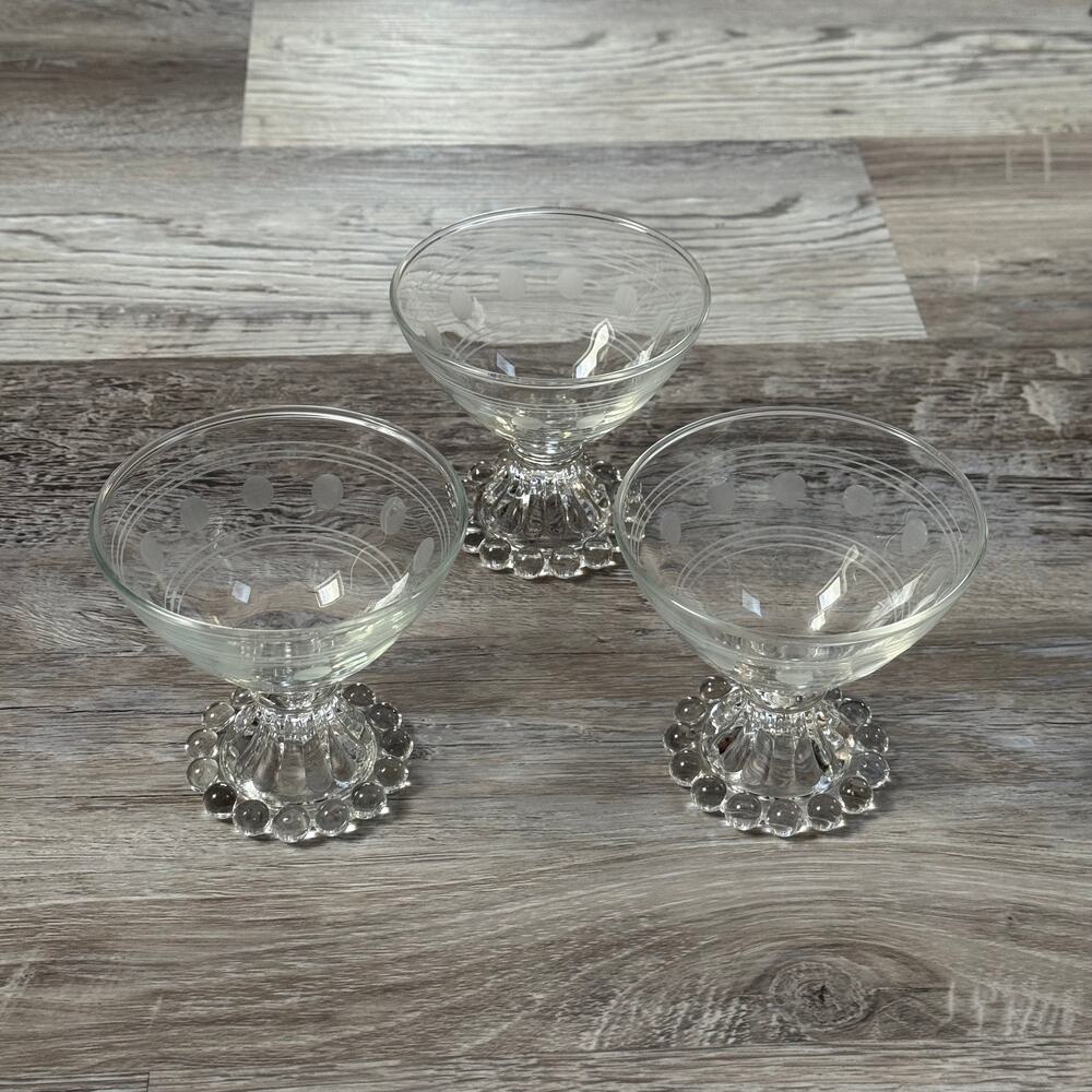 Vintage Boopie Glasses Etched Dot Footed Dessert Cups Mid Century Set of 3